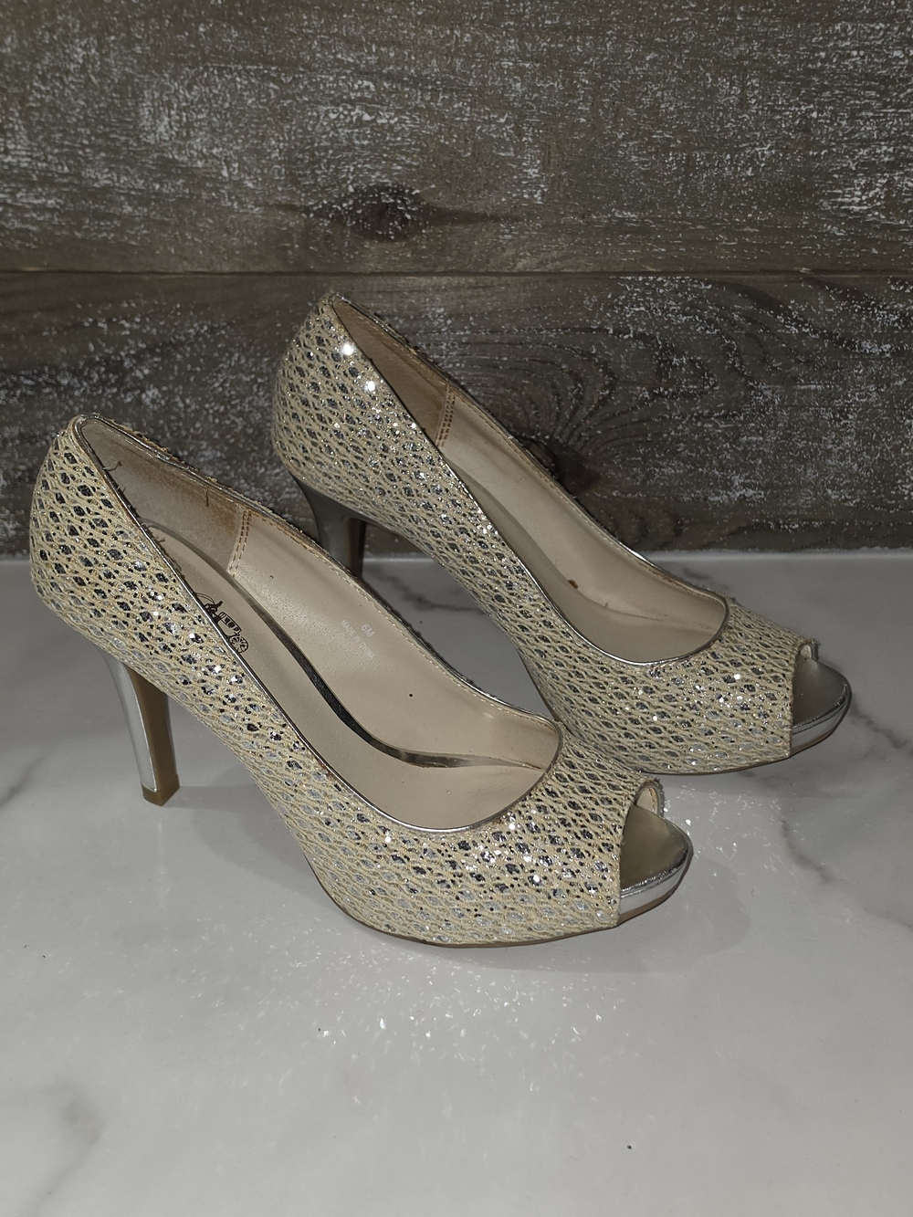 Coach and Four Champagne Gold Sparkle Peep-Toe Heels